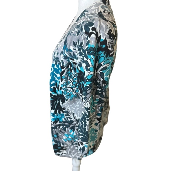 Christopher & Banks Womens Floral Open Front Cardigan Medium Gray Blue Office - Picture 2 of 9